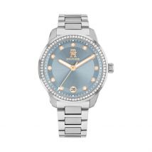 Montre Tommy Hilfiger Th85 Crystals Bleu Sky - Boîtier Blanc - Cadran Blanc - Bracelet Argenté - Mécanisme en Quartz - Pour Femme - Histoire d'Or