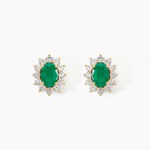 Boucles D'oreilles Or Jaune Emeraude Diamants - Pour Femme - Pierre en Emeraude de forme Ronde - Motif Ovale - Histoire d'Or