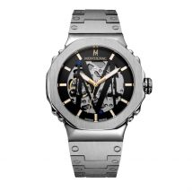 Montre Montignac Octagon Automatique Noir - Boîtier Blanc - Cadran Noir - Bracelet Argenté - Mécanisme en Automatique - Pour Homme - Histoire d'Or