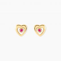 Boucles D'oreilles Puces Izild Or Jaune Rubis - Pour Femme - Pierre en Rubis de forme Ronde - Motif Cœur - Histoire d'Or