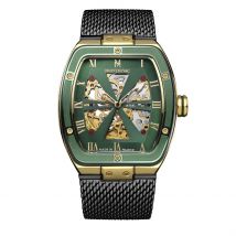 Montre Montignac Tonneau Automatique Vert - Boîtier Jaune - Cadran Vert - Bracelet Noir - Mécanisme en Automatique - Pour Homme - Histoire d'Or