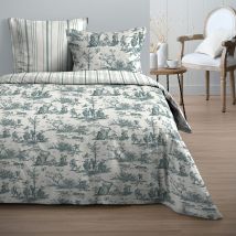 Parure de lit 3 pièces motif toile de jouy romantique en coton - Bleu - Coton - Home Maison