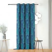 Rideau imprimé plumes de paon - Bleu - Polyester - Home Maison