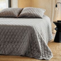 Couvre-Lit et Taies d'Oreiller en Velours Matelassé - Gris - 240x260 cm - Microfibre/Polyester/Velours - Home Maison