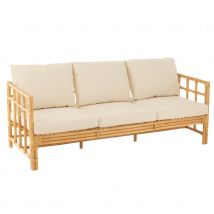 Canapé trois places en rotin avec coussins - Naturel - 187x73x64 cm - Coton/Lin/Polyester/Rotin - Home Maison
