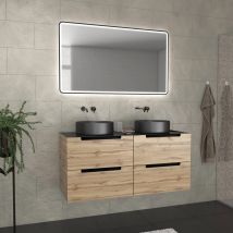 Meuble de salle de bains avec 2 vasques rondes et 1 miroir rectangulaire à led noir - Beige - Bois - Home Maison