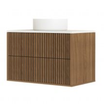 Meuble de salle de bain suspendu avec façade crantée, plan de toilette et vasque(s) à poser - Naturel - 60x45x64 cm - Bois - Home Maison