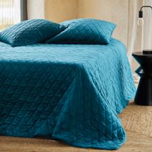Couvre-Lit et Taies d'Oreiller en Velours Matelassé - Bleu - Microfibre/Polyester/Velours - Home Maison