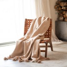 Grand plaid canapé en laine à pompons - Beige - 150x200 cm - Laine - Home Maison