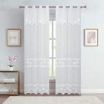 Paire voilages brodé fleurs pour baie vitrée - Blanc - 140x240 cm - Polyester - Home Maison