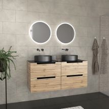Meuble de salle de bains avec 2 vasques rondes et 2 miroirs ronds à led - Naturel - 120x50x45 cm - Bois - Home Maison