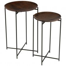 Set de 2 tables gigognes en bois de manguier et métal - Marron Foncé - 39x39x56 cm - Métal - Home Maison