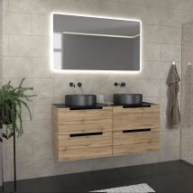 Meuble de salle de bains avec 2 vasques rondes et 1 miroir rectangulaire à led - Naturel - 120x50x45 cm - Bois - Home Maison