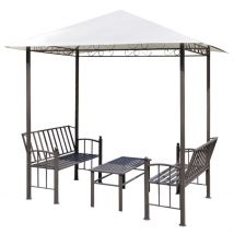 Auvent extérieur avec table et bancs - Blanc - 240x200 cm - Métal/Polyester - Home Maison