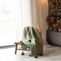 Grand plaid canapé en laine à pompons - Vert - 150x200 cm - Laine - Home Maison