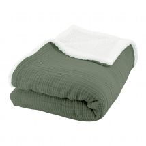 Plaid sherpa et gaze de coton - Kaki - 130x170 cm - Gaze de coton/Polyester - Home Maison