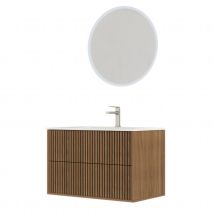 Meuble de salle de bain suspendu avec façade crantée, vasque(s) et miroir(s) LED - Naturel - 62x47x112 cm - Bois - Home Maison