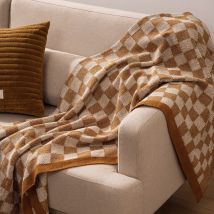 Plaid tricot damier - Jaune moutarde - 130x180 cm - Coton - Home Maison