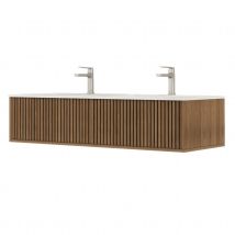 Meuble de salle de bain suspendu avec façade crantée et vasque encastrée - Naturel - 122x47x38 cm - Bois - Home Maison