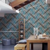 Papier peint - Effet mosaïque colorée - Bleu - Papier - Home Maison