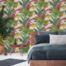 Papier peint motifs feuillages - Rouge - Papier - Home Maison
