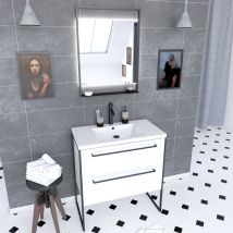 Pack caisson vasque et miroir à led - Blanc - Bois - Home Maison