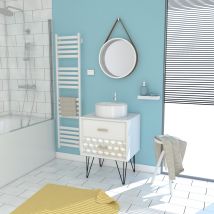 Pack scandinave avec meuble vasque ronde et miroir barbier - Blanc - Bois - Home Maison