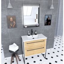 Ensemble meuble à 2 tiroirs, vasque et miroir à led - Blanc - Bois - Home Maison