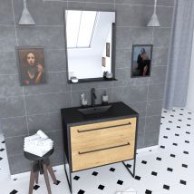 Ensemble caisson à tiroirs vasque et miroir simple - Noir - Bois - Home Maison