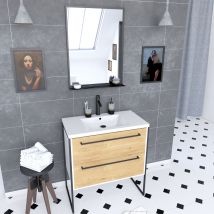 Pack meuble à 2 tiroirs vasque et miroir simple - Blanc - 80x50x81 cm - Bois - Home Maison