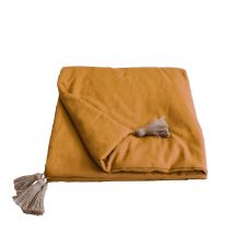Edredon Panama avec pompons en jute - Jaune moutarde - Coton - Home Maison
