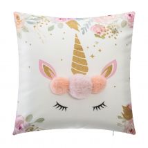 Coussin licorne à pompons - Blanc - Polyester - Home Maison