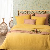 Parure de lit en double gaze de coton - Jaune Ocre - 240x260 cm - Gaze de coton/Coton - Home Maison