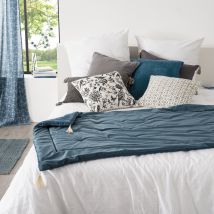 Édredon en velours et pompons - Bleu - Polyester/Velours - Home Maison