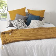 Édredon en velours et pompons - Jaune Ocre - 80x180 cm - Polyester/Velours - Home Maison