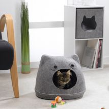 Niche tête de chat en feutrine - Gris clair - 41x36x33 cm - Polyester - Home Maison