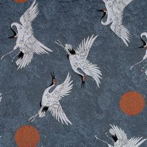 Tissu jacquard imprimé de grues japonaises - Bleu - 2.95 m - Polyester/Jacquard/Coton - Home Maison