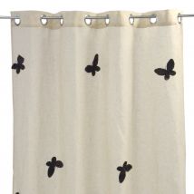 Voilage - Effet Etamine de Lin à Papillons Brodés - Noir - Polyester/Lin - Home Maison