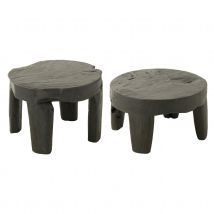 Set de 2 tables basses rondes en bois de teck - Noir Mat - 50x50x35 cm - Bois - Home Maison