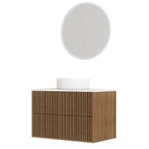Meuble de salle de bain suspendu avec façade crantée, vasque(s) ronde(s) et miroir(s) LED - Naturel - 80x45x134 cm - Bois - Home Maison