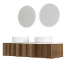 Meuble de salle de bain suspendu avec façade crantée, vasque(s) ronde(s) et miroir(s) LED - Naturel - 120x45x100 cm - Bois - Home Maison