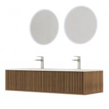 Meuble de salle de bain suspendu avec façade crantée, vasque(s) et miroir(s) LED - Naturel - 122x47x88 cm - Bois - Home Maison