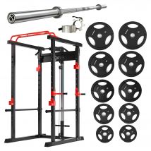 Squat Rack and Tri Weights Set With 7ft Barbell | Warrior - Red - 150KG