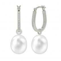 Diamond Hoop 9kt White Gold Earring With Drop Pearl