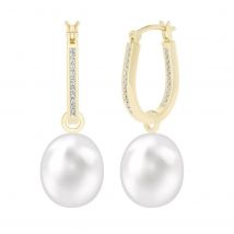 Diamond Hoop 9kt Yellow Gold Earring With Drop Pearl