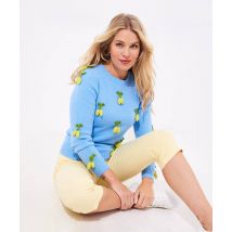 Women's Zesty Lemon Embroidered Round Neck Jumper - Size 12 - Blue - by Joe Browns