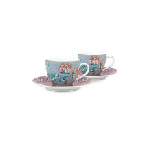 PIP STUDIO Espressotasse mit Untertasse 2-er Set Small 120ml FLOWER FESTIVAL Light Blue hellblau