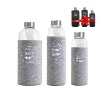 BEM Water Bottle-SET: 3 x Trinkflaschen je in schwarzer Hülle + Hüllen-Set, grau