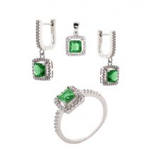Schmuckset aus 925 Silber mit Zirkonia: Ohrhänger +Anhänger +Damenring Grün | 17 mm (53)