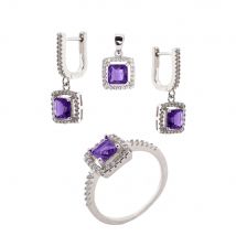 Schmuckset aus 925 Silber mit Zirkonia: Ohrhänger +Anhänger +Damenring Lila | 17 mm (53)